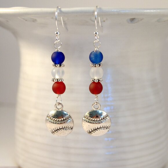 Baseball Earrings Red White Blue Earrings Sea Glass Dangle Pierced Earrings - Picture 7 of 9